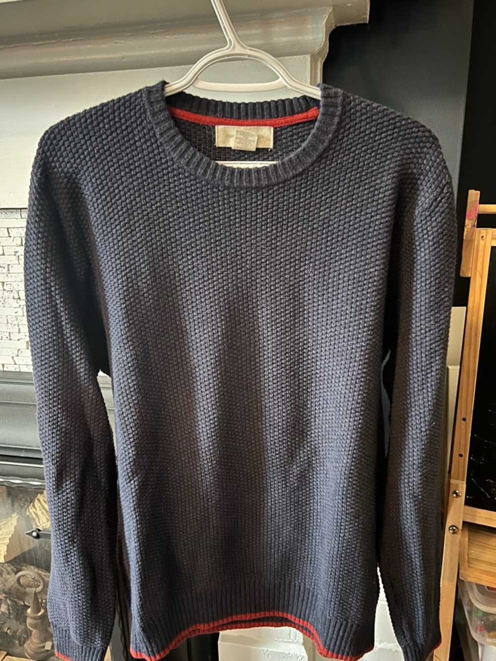 Navy Crewneck Sweater with Red Accent
